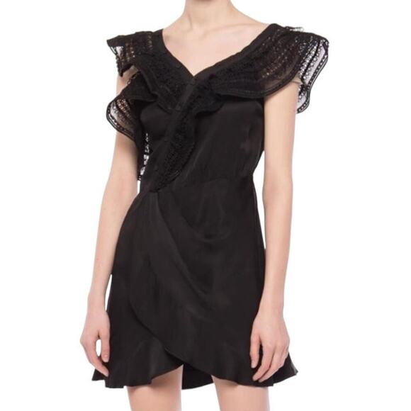 Self-Portrait One Shoulder Guipere Lace Trimmed Black Satin Mini Dress Size 4 - Picture 8 of 14